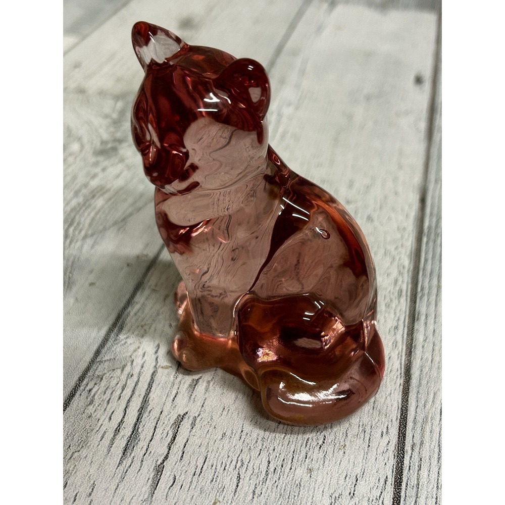 Fenton Pink Art Glass Sitting Cat Figurine Original Marked Glass 4"